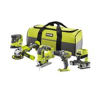 RYOBI - Combo 4 strumenti: Trapano + seghetto alternativo + smerigliatrice angolare da 115 mm + levigatrice + 1 batteria da 2,0 Ah + 1 batteria da 5,0 Ah + 1 caricatore rapido - Consegnato in borsa