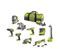 Ryobi - Confezione di 9 strumenti 18 V ONE+: Trapano, Avvitatore a urti, Smerigliatrice, Multi-Tools, Pistola a colla, Sega circolare, Sega alternativa, Lampa, Levigatrice + 2 Batterie e