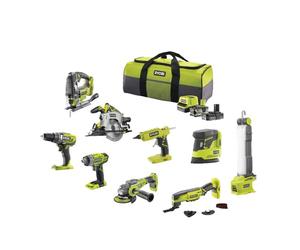 Ryobi - Confezione di 9 strumenti 18 V ONE+: Trapano, Avvitatore a urti, Smerigliatrice, Multi-Tools, Pistola a colla, Sega circolare, Sega alternativa, Lampa, Levigatrice + 2 Batterie e