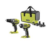 RYOBI - Duo ONE+ 18V: trapano-avvitatore + avvitatore a urti - consegnato in borsa per il trasporto con 2 batterie da 2,0 Ah + 1 caricatore rapido - R18DDID-220S, verde e antracite