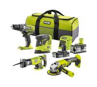 Ryobi Kit 4 Utensili 18V ONE+ con Trapano 50 Nm, Smerigliatrice, Sega Dritta e Levigatrice, 2 Batterie (2.0Ah + 4.0Ah), Caricatore e Borsa, R18CK4E-242S