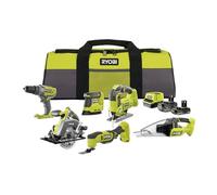 Ryobi Kit 6 Utensili a Batteria 18V ONE+ con 2 Batterie 4,0Ah e 2,0Ah e Caricabatterie, Trapano a Percussione, Sega Circolare, Seghetto Alternativo, Multitool, Levigatrice e Aspiratore, RCK186O-242SZL