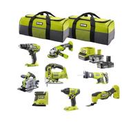 RYOBI Kit Combinato da 18 V + 8 Strumenti: Levigatrice a Delta, Avvitatore, Sega, Multi-utensile, Smerigliatrice Angolare, Sega Circolare a Batteria