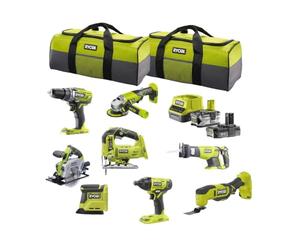 RYOBI Kit Combinato da 18 V + 8 Strumenti: Levigatrice a Delta, Avvitatore, Sega, Multi-utensile, Smerigliatrice Angolare, Sega Circolare a Batteria