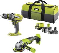 Ryobi Kit Trapano a Percussione e Smerigliatrice 18V ONE+ con 2 Batterie (4.0Ah e 2.0Ah), Caricatore, Avvitatore 50 Nm con Mandrino in Metallo, Flex con Disco 115 mm, Borsone, R18PDAG-242S