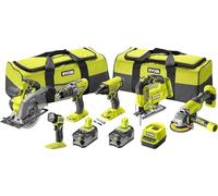 Ryobi RCK186A-250S, Kit di Utensili 18V One+ da 6 Pezzi, Trapano a Percussione + Avvitatore a Impulsi + Smerigliatrice + Sega circolare + Torcia + 2 Batterie da 5,0 Ah + Caricatore + 2 borse