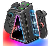 Rysker 4 in 1 Dock di Ricarica per Switch 2 2025, Caricatore per 4 Joy-con 2 con 9 Modalità di Luce RGB, Stazione di Ricarica per SW2 Rapida Magnetica con Cavo Integrato con Switch 2 Accessori