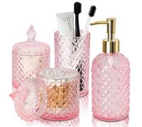 RYTOXILO Set di accessori da bagno rosa, confezione da 4 pezzi, set completo di accessori per la decorazione del bagno, dispenser di sapone in vetro diamantato e portaspazzolino, set per organizer da
