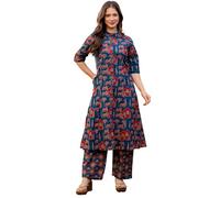 rytras Set Kurta da donna con stampa a trapezio e pantaloni a palazzo, Blu, M