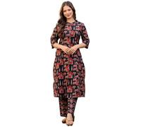 rytras Set Kurta da donna con stampa a trapezio e pantaloni a palazzo, Nero, L