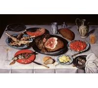 RZHRHJES Pittura su Tela di Paesaggio Riproduzione Dipinto Stampe da Parete Per Quadri Colazione con prosciutto di pesce e ciliegie di Jacob Van Hulsdonck per la Decorazione Della Parete 60x90cm
