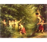 RZHRHJES Pittura su Tela di Paesaggio Riproduzione Dipinto Stampe da Parete Per Quadri i ladri di ciliegie di Fritz Zuber buhler per la Decorazione Della Parete 60x90cm