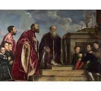 RZHRHJES Pittura su Tela di Paesaggio Riproduzione Dipinto Stampe da Parete Per Quadri the Vendramin Family Venerating a of the True Cross by Tiziano Vecelli per la Decorazione Della Parete 60x90cm