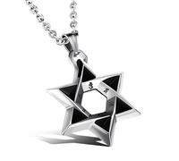 RZRPYFMM Ciondolo Con Collana in Acciaio Al Titanio Con Stella Di David, Collana Di Rune Con Mantra A Sei Parole Con Totem A Stella A Sei Punte Da Uomo,Argento,70CM