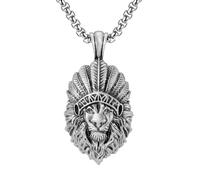 RZRPYFMM Ciondolo Da Uomo in Peltro Puro Con Corona Indiana E Testa Di Leone, Collana Vichinga Vintage Con Testa Di Leone Piumata,Argento,Pendant + Chain 50cm