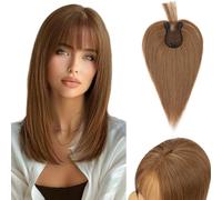 S-noilite Topper Capelli per Donne, 27g Capelli Umani Aria Frangetta, Marrone Chiaro Frangia Fermaglio per Capello per Diradati, Capello Toppers con Base Intrecciata a Mano, 25CM #6R