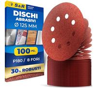 S&R 100 Dischi Abrasivi 125mm velcrati Carta Vetrata Levigatrice Rotorbitale Eccentrica di Tutte le Marche. Fogli Grana 180. Dischi Abrasivi 8 fori x Legno Metallo Vernice