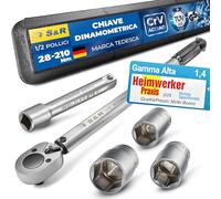 S&R Chiave Dinamometrica 1/2 Auto/Moto 28-210Nm 47,5cm + Bussole 17-19-21mm | Precisione ±4% ISO-DIN 6789 · Acciaio CR-V anti-usura · Cricchetto reversibile a sfera · Prolunga 12,5cm · Custodia rigida