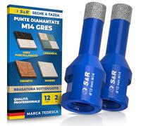 S&R Punta Diamantata per Gres 12mm (Set 2 pz). Foretto Diamantato 12 mm M14 per Smerigliatrice. Sega a Tazza Diamantata per Gres Porcellanato, Piastrelle, Ceramica, Marmo, Granito, Pietra.