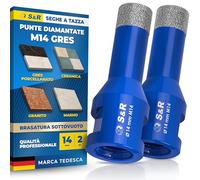 S&R Punta Diamantata per Gres 14mm (Set 2 pz). Foretto Diamantato 14 mm M14 per Smerigliatrice. Sega a Tazza Diamantata per Gres Porcellanato, Piastrelle, Ceramica, Marmo, Granito, Pietra.