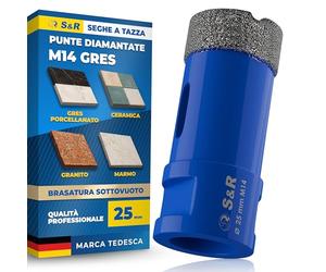 S&R Punta Diamantata per Gres 25mm. Foretto Diamantato 25mm - M14 per Smerigliatrice. Sega a Tazza Diamantata 25 mm per Gres Porcellanato, Piastrelle, Ceramica, Marmo, Granito, Pietra.