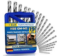 S&R Punte Trapano Metallo Acciaio HSS Rettificate per Ferro 1-10 mm, 118°, Set 19 pezzi, serie GM, DIN 338. Scatola di metallo Qualità Industriale