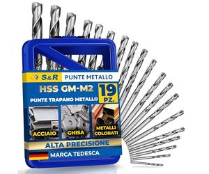 S&R Punte Trapano Metallo Acciaio HSS Rettificate per Ferro 1-10 mm, 118°, Set 19 pezzi, serie GM, DIN 338. Scatola di metallo Qualità Industriale