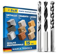 S&R Punte Trapano Miste. Set 15 Punte per Muro Cemento Ferro Metallo HSS e Legno. Codolo rotondo per Trapani e Avvitatori Professionali di Tutte le Marche.