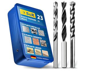 S&R Punte Trapano Miste. Set 23 Punte per Muro Cemento Ferro Metallo HSS e Legno. Codolo rotondo per Trapani e Avvitatori Professionali di Tutte le Marche.