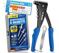 S&R Rivettatrice Manuale Professionale con 60 Rivetti. Pinza Professionale per Rivetti in Alluminio e Acciaio Inox per Fori Ciechi, Tenaglia per Rivetti a Strappo con 4 dadi, 1 Chiavetta, 1 Box.