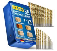 S&R Set 25 Punte Trapano Legno da 1 a 13 mm. Punte in Acciaio HSS 4241, Rivestimento Tin, per Fori Tondi Precisi. Accatto Cilindrico. Per Legno Massiccio, Lamellare, Truciolare con Scatola di Metallo.