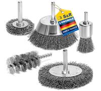 S&R Spazzole Trapano Metalliche in Acciaio. Set Spazzole Metalliche per Trapano 5 Pezzi - Codolo 6 mm - Spazzola a Disco, Tazza e Cilindrica per Rimozione Ruggine, Vernice, Pulizia Metallo e Legno.