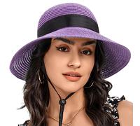 S.ROMZA Sun Cappello di Paglia per Le Donne con a Vento Ampio Brim Pieghevole Beach Cappelli Donna UV 50 + Viaggi Cappello Estivo Visiera Cappello Nodo di Prua (Viola Chiaro)