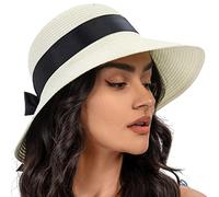 S.ROMZA Sun Cappello di Paglia per Le Donne con Cordino a Vento Ampio Brim Pieghevole Beach Cappelli Donna UV 50 + Protezione Viaggi Cappello Estivo Visiera Cappello Nodo di Prua (Beige)