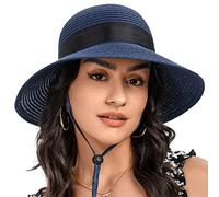 S.ROMZA Sun Cappello di Paglia per Le Donne con Cordino a Vento Ampio Brim Pieghevole Beach Cappelli Donna UV 50 + Protezione Viaggi Cappello Estivo Visiera Cappello Nodo di Prua (Blu Navy)