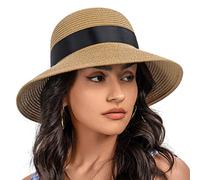 S.ROMZA Sun Cappello di Paglia per Le Donne con Cordino a Vento Ampio Brim Pieghevole Beach Cappelli Donna UV 50 + Protezione Viaggi Cappello Estivo Visiera Cappello Nodo di Prua (Khaki)