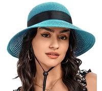 S.ROMZA Sun Cappello di Paglia per Le Donne con Cordino a Vento Ampio Brim Pieghevole Beach Cappelli Donna UV 50 + Protezione Viaggi Cappello Estivo Visiera Cappello Nodo di Prua (Cielo Blu)