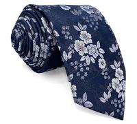 S&W SHLAX&WING Cravatta Floreale Blu Navy Argento Bianco per Feste Tocco di Seta Extra Lunga 160cm