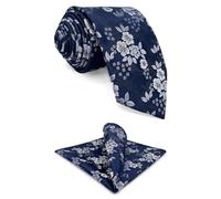 S&W SHLAX&WING Set Cravatta e Fazzoletto da Taschino Floreale Blu Navy Argento Bianco per Feste Tocco di Seta Media 147cm