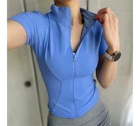 S-XXL Top Yoga Slim Collo Alto Con Zip Maglietta A Maniche Corte Per Donne NUOVO