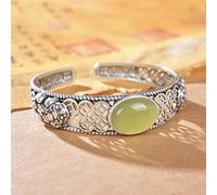 S925 Inlaid Hetian Jade Hollow Pattern Retro Personality Ladies Open Women‘s Bangle Women's Bracelets