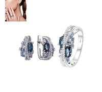 S925 Set di gioielli con anello e orecchini con zircone blu mare doppio X, anello in stile vintage retrò creativo con croce incrociata (Ocean Memory, 8)