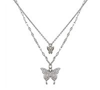 S999 Sterling Silver Cubic Zirconia Doppio Strato Farfalla Girocollo Collana Gioielli Regali per Gli Amanti Della Farfalla Stratificazione Lunga Collana per Le Donne LSN284