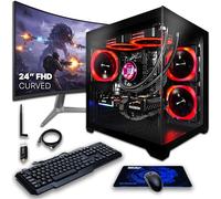 SAAV CORE - PC da gioco precostruito Bundle Torre desktop AMD Ryzen 7 5800X GeForce RTX 5060 8GB GDDR6 curvo 24" Monitor 16 GB DDR4 512 GB NVMe WiFi 6 Windows 11 AIO raffreddato a liquido Computer PC