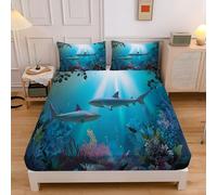 Sábanas 160X190/200Cm - Juego De Sábanas 3 Piezas Estampadas Coral Tiburón - Microfibra Suave Transpirable - Sábana Bajera Ajustable - Ropa De Cama Animales Marinos (Turquesa)