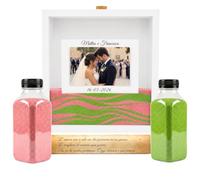 Sabbia Colorata per Rito Matrimonio - NIRALIS - Kit Cerimonia Sposi con Cornice Foto Personalizzata 10x15 cm, Pergamena e 2 Bottiglie 800 gr - Scatola Legno Bianco 25x25 (Rosa/Verde)