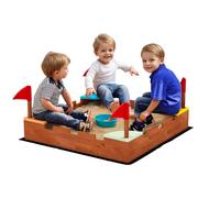 Sabbiera per Bambini 90x90x17 cm con 4 Sedute Angolari in Legno di Abete Multicolore