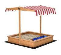 Sabbiera per Bambini in Legno con Tettuccio Regolabile, Sedute e Vaschette, 107.5x107.5x100 cm