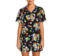SABFWF Autismo Consapevolezza Puzzle Pezzi Cuore Stampa Moda Donne Raso Pigiama Set