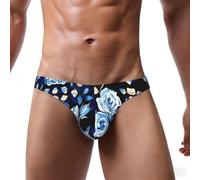 SABFWF Biancheria intima degli uomini degli slip del bikini degli uomini | Biancheria intima blu degli uomini di allungamento della stampa delle rose del modello del fiore con il sacchetto di U per